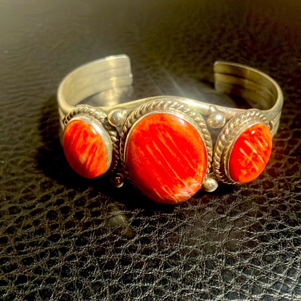 🧡🦪Sterling Silver 3 Lge Stone Spiny Oyster Shell Adjustable Cuff Bracelet Sz M